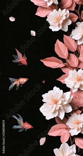Delicate blossoms and flowing fins adorn a dark, ethereal backdrop