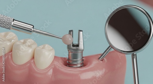Detailed close-up of a dental implant fixture being examined with instruments in a realistic anatomical model