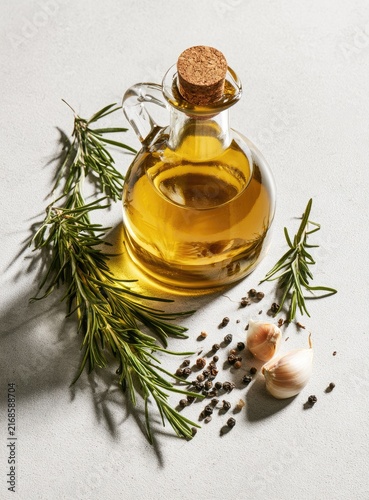 A glass bottle of golden oil, surrounded by rosemary sprigs, garlic, and peppercorns