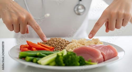 Dietitian's Hands Pointing to Wholesome Food Choices on a Plate for Healthy Eating Advice
