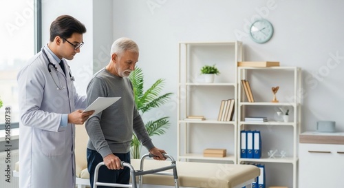 Doctor assisting an elderly male patient with a walker during a medical consultation in a brightly lit clinic