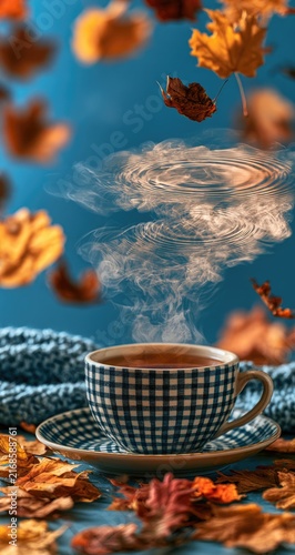 Warm cup of tea steams amidst falling autumn leaves, cozy ambiance