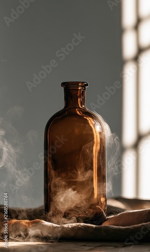 Ethereal amber bottle shrouded in wisps of smoke, soft light patterns