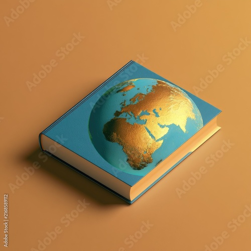 A book with a raised, gold-leaf globe on its cover against a textured, orange background