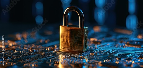 Golden padlock atop a glowing blue circuit board, signifying digital security