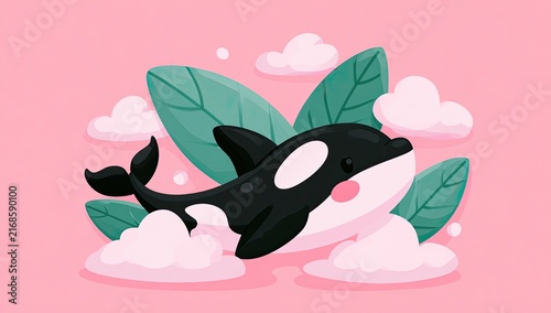 Cute cartoon orca whale swimming happily amongst clouds and greenery