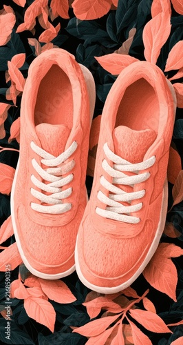 Coral-colored athletic shoes with white laces sit on dark leaves
