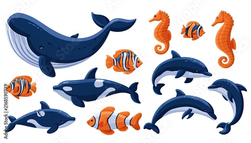 A vibrant collection of cartoon marine life, including whales, dolphins, and seahorses