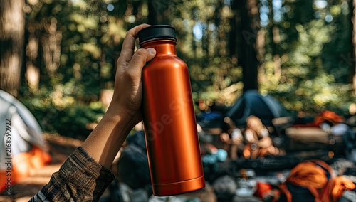 Hand holds orange reusable bottle amidst forest campsite, camping gear visible