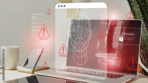 Deep fake technology shows warning signs on a computer screen with various alerts