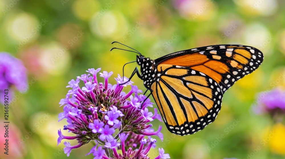 Fototapeta premium Monarch Butterfly Landing on Purple Verbena Blossoms in a Garden