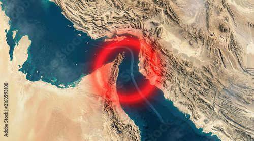 Satellite map of Strait of Hormuz with red route