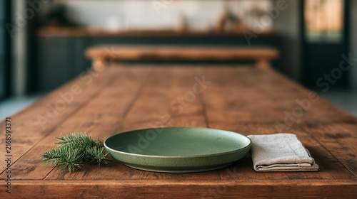 Christmas dinner table setting with empty green plate and pine branch