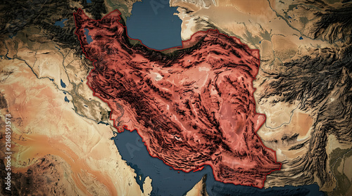 Iran highlighted red on regional topographic map