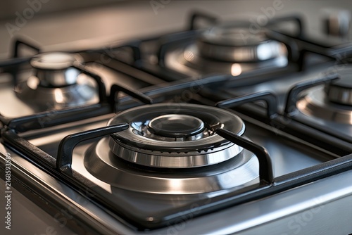 Close-up of a shiny, stainless steel gas range with four burners