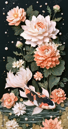 Delicate floral arrangement with a vibrant koi fish and pearl accents