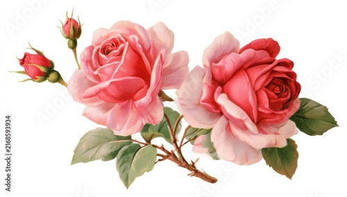 Two delicate pink roses bloom alongside unopened buds on a green stem