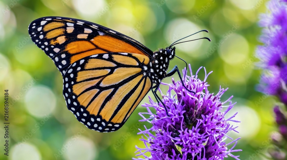 Obraz premium Monarch Butterfly Perched on Vibrant Purple Coneflower in Natural Garden Setting
