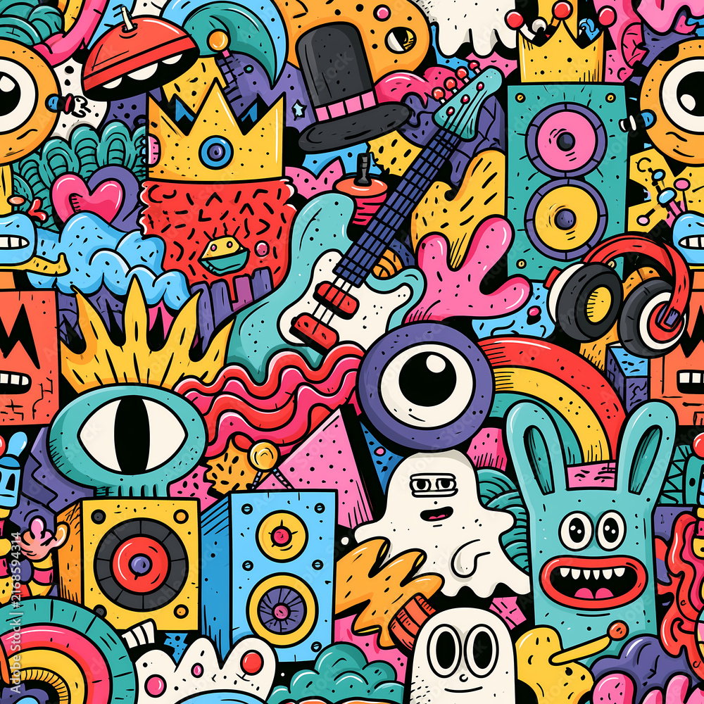 A colorful seamless pattern featuring funny cartoon monsters music instruments and abstract shapes in a vibrant hand drawn doodle style for creative backgrounds and artistic design projects