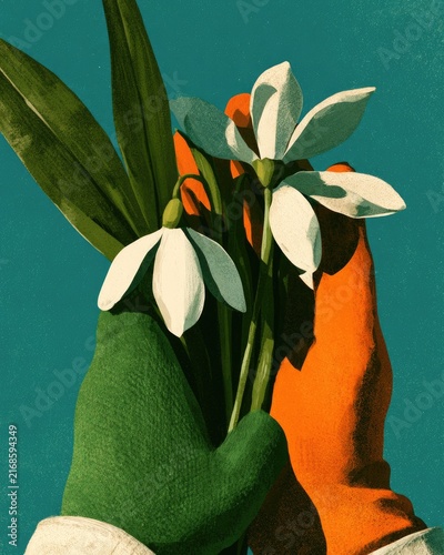 Two gloved hands hold delicate white blooms against a teal background