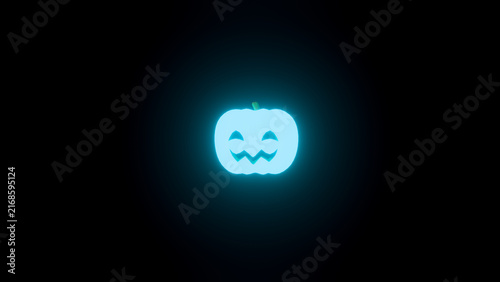 A cyan neon jack o lantern glows against deep black darkness, showing triangular eyes and a jagged mouth with an eerie halloween atmosphere.