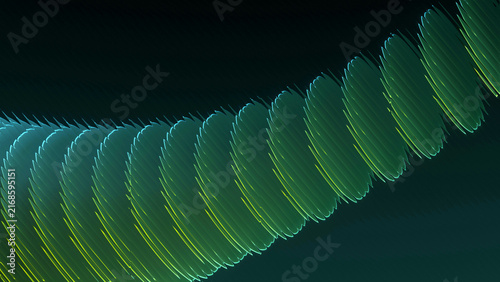Abstract 3D Glowing Green and Cyan Spiral Wave Array over Dark Futurist Background