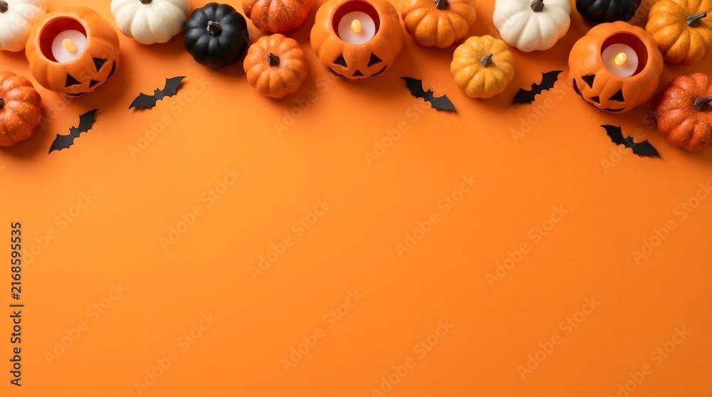 Fototapeta premium A delightful halloween scene featuring a colorful array of miniature pumpkins and gourds arranged on a vibrant orange background perfect for seasonal