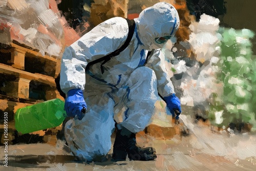 Protective-clad figure inspects potential hazard with equipment