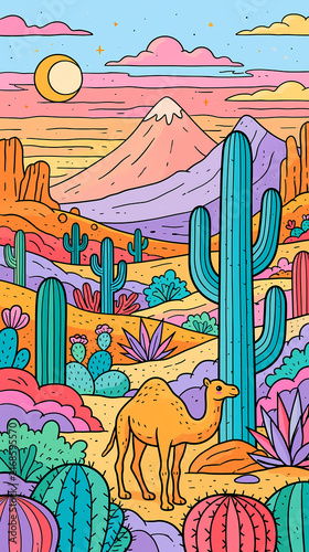 A colorful illustration of a camel standing in a vibrant desert landscape with many cacti and mountains under a bright moonlit sky