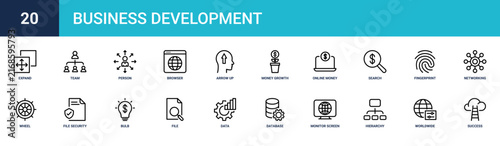 Set of 20 outline web Business Development icons such as success, worldwide, hierarchy, monitor screen, database management, data management, file vector icons for report, presentation, diagram, web