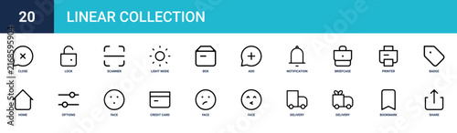 Set of 20 outline web Linear Collection icons such as share, bookmark, delivery, delivery, face, face, credit card vector icons for report, presentation, diagram, web design, mobile app