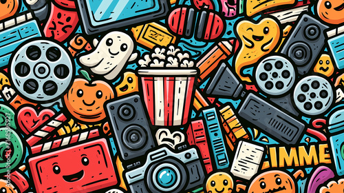 A colorful seamless pattern of hand drawn movie elements including popcorn cameras and film reels with cute cartoon faces on a bright blue background