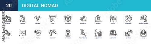 Set of 20 outline web Digital Nomad icons such as email marketing, content marketing, activation, accountant, proofreading, conversion rate, discovery vector icons for report, presentation, diagram,