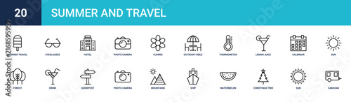 Set of 20 outline web Summer and Travel icons such as caravan, sun, christmas tree, watermelon, ship, mountains, photo camera vector icons for report, presentation, diagram, web design, mobile app