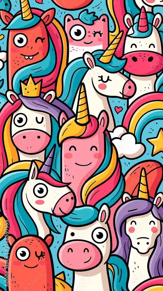Fototapeta premium A colorful pattern featuring a collection of cute doodle style unicorns with rainbow manes and stars on a blue background