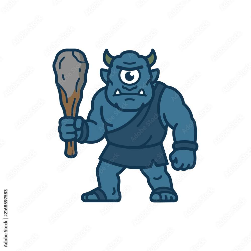 Naklejka premium A blue cyclops monster holds a wooden club in his hand