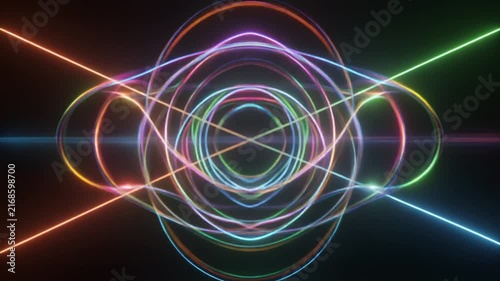 Glowing Neon Circular Rings with Radiating Beams on a Dark Background