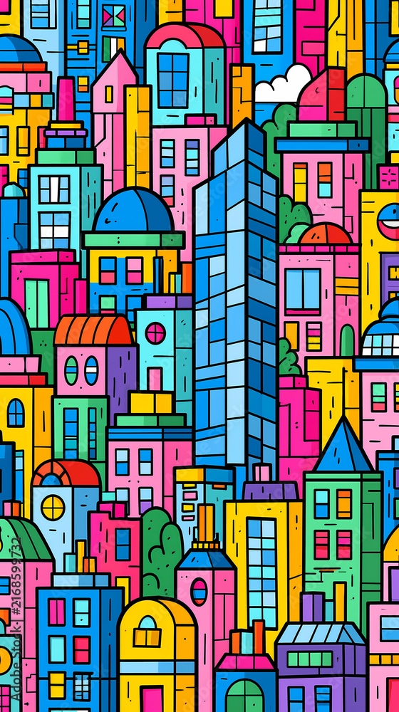 Naklejka premium A vibrant city scene featuring colorful buildings and tall skyscrapers illustrated in a modern flat art style with bold outlines and bright tones