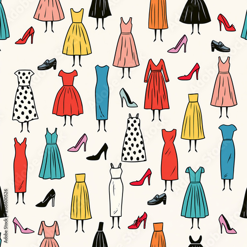 A seamless pattern featuring colorful dresses and various styles of shoes arranged on a light background for a fashion theme