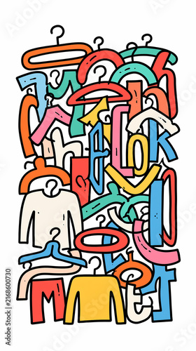 A colorful hand drawn illustration showing a collection of clothes hangers and clothing items arranged in a messy pile for fashion and retail design concepts