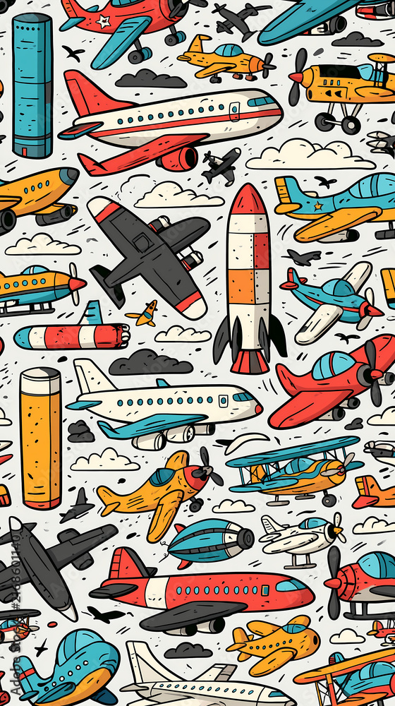 A colorful pattern of hand drawn airplanes and rockets flying in the sky among clouds for a playful travel theme background