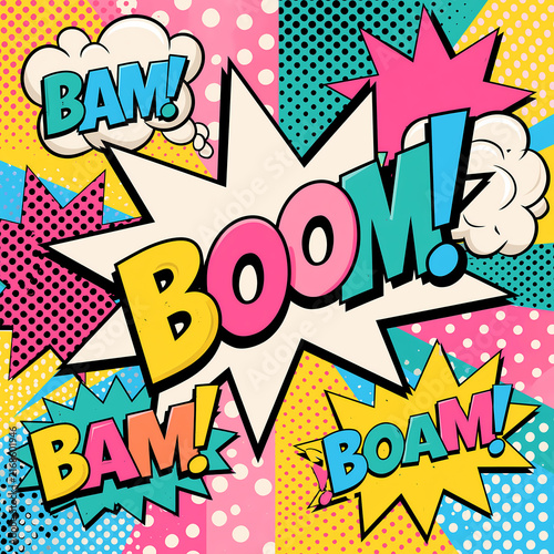 A colorful pop art background featuring various comic book style speech bubbles with explosive sound effects and retro halftone patterns in a vibrant graphic design