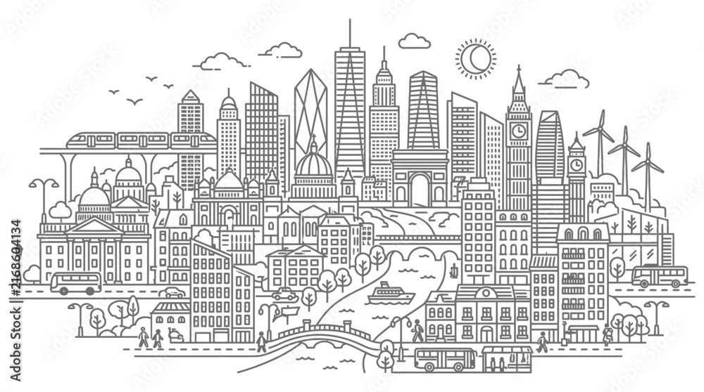 Obraz premium cityscape line art urban landscape illustration of a global city featuring diverse modern architecture and sustainable travel concepts