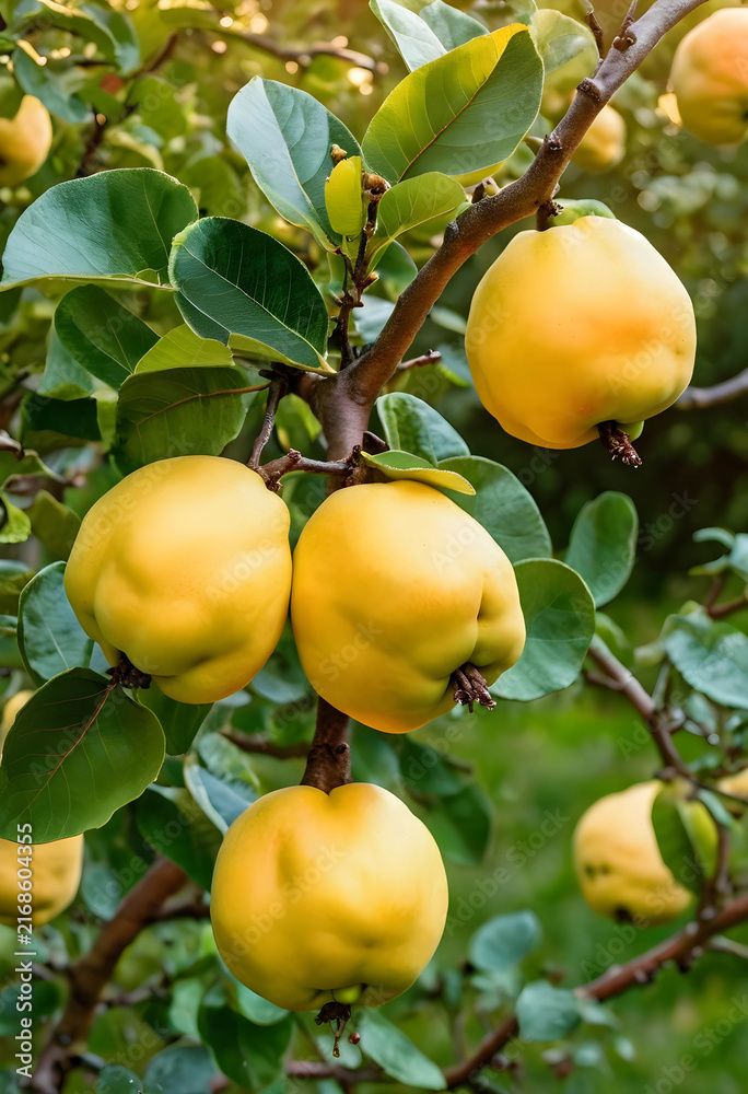 Obraz premium Organic quince fruit on a tree branch, healthy eating and natural food concept, fresh harvest in an orchard