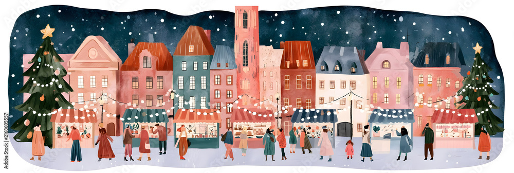 Obraz premium Wide Christmas market scene with pastel townhouses, festive stalls, snowy streets and people celebrating beneath winter lights and decorated trees