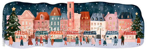 Wide Christmas market scene with pastel townhouses, festive stalls, snowy streets and people celebrating beneath winter lights and decorated trees