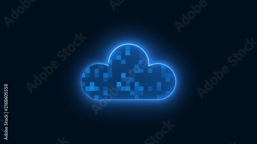 Glowing blue cloud technology icon animation loops on dark screens. Cloud technology server storage element features cloud outlines. Technology icon animation looks clean.