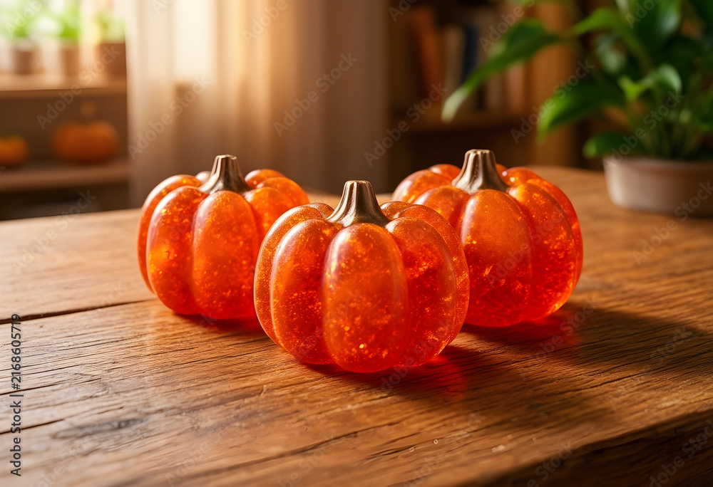 Fototapeta premium Autumn harvest and thanksgiving celebration, decorative orange pumpkins on a rustic wooden table with warm sunlight