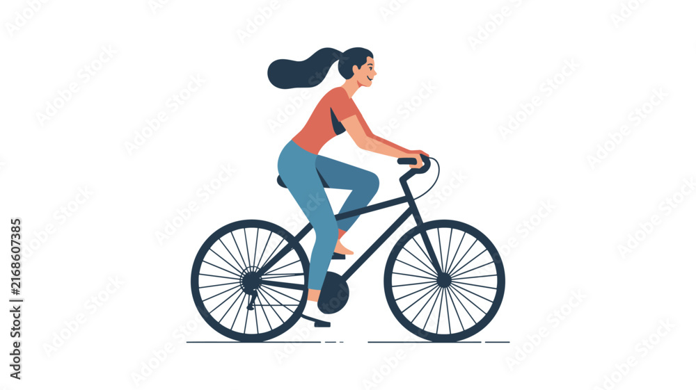 Fototapeta premium Young woman with a ponytail riding a black bicycle on a white background, representing eco-friendly transportation and active lifestyle.