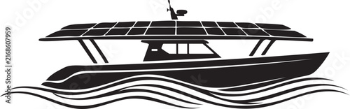 Solar powered boat silhouette vector icon on waves
